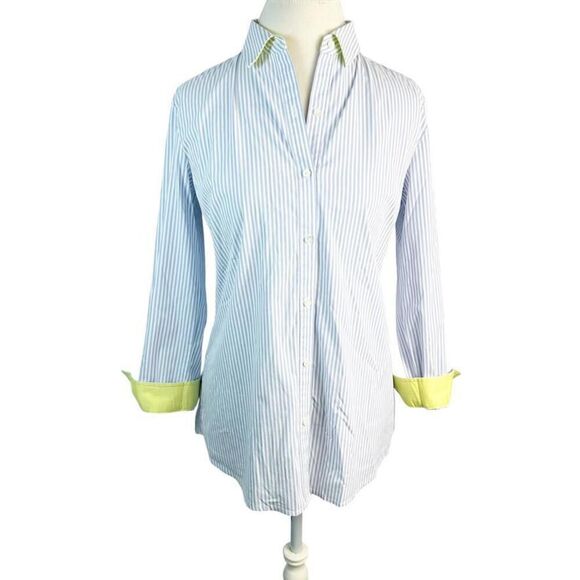 J. McLaughlin Blue Vertical Stripe Tunic Shirt Contrast Cuff Cotton Size S - Picture 1 of 9